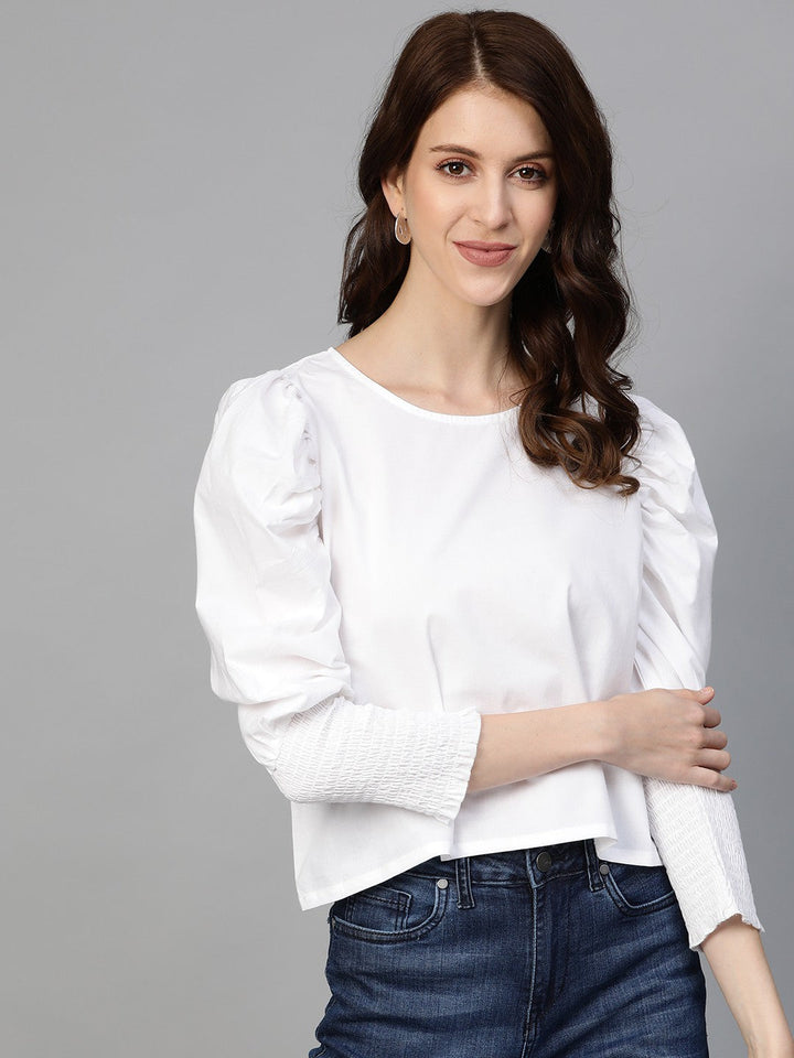 plusS Women White Solid Boxy Pure Cotton Top with Smocking Detail