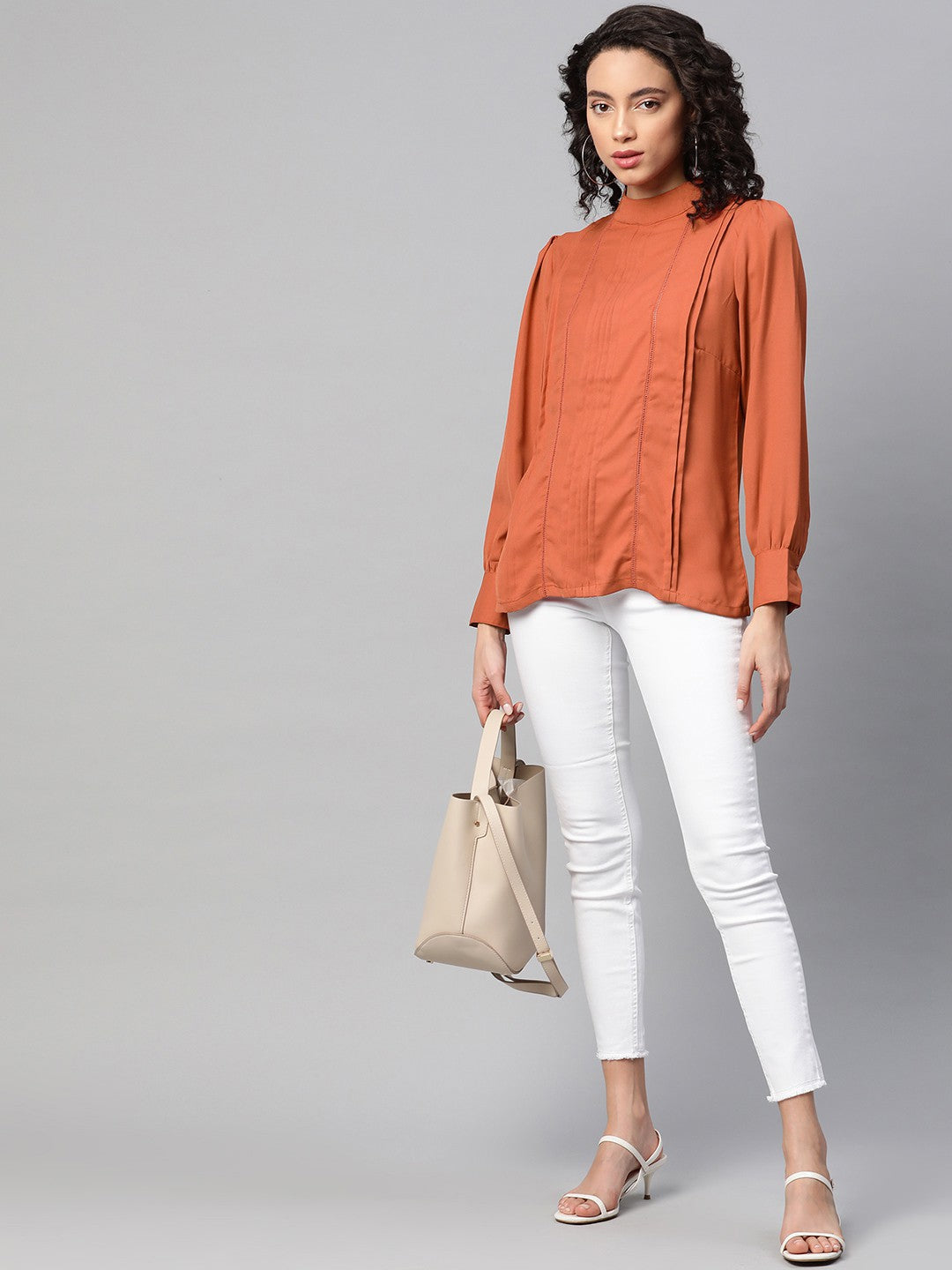 plusS Rust Orange High Neck Pleated Top