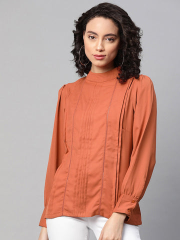 plusS Rust Orange High Neck Pleated Top