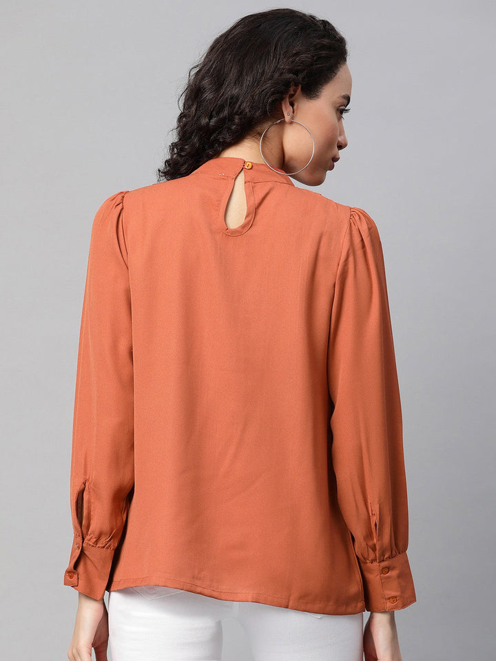 plusS Rust Orange High Neck Pleated Top