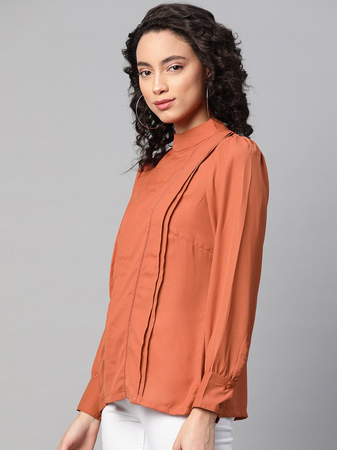 plusS Rust Orange High Neck Pleated Top