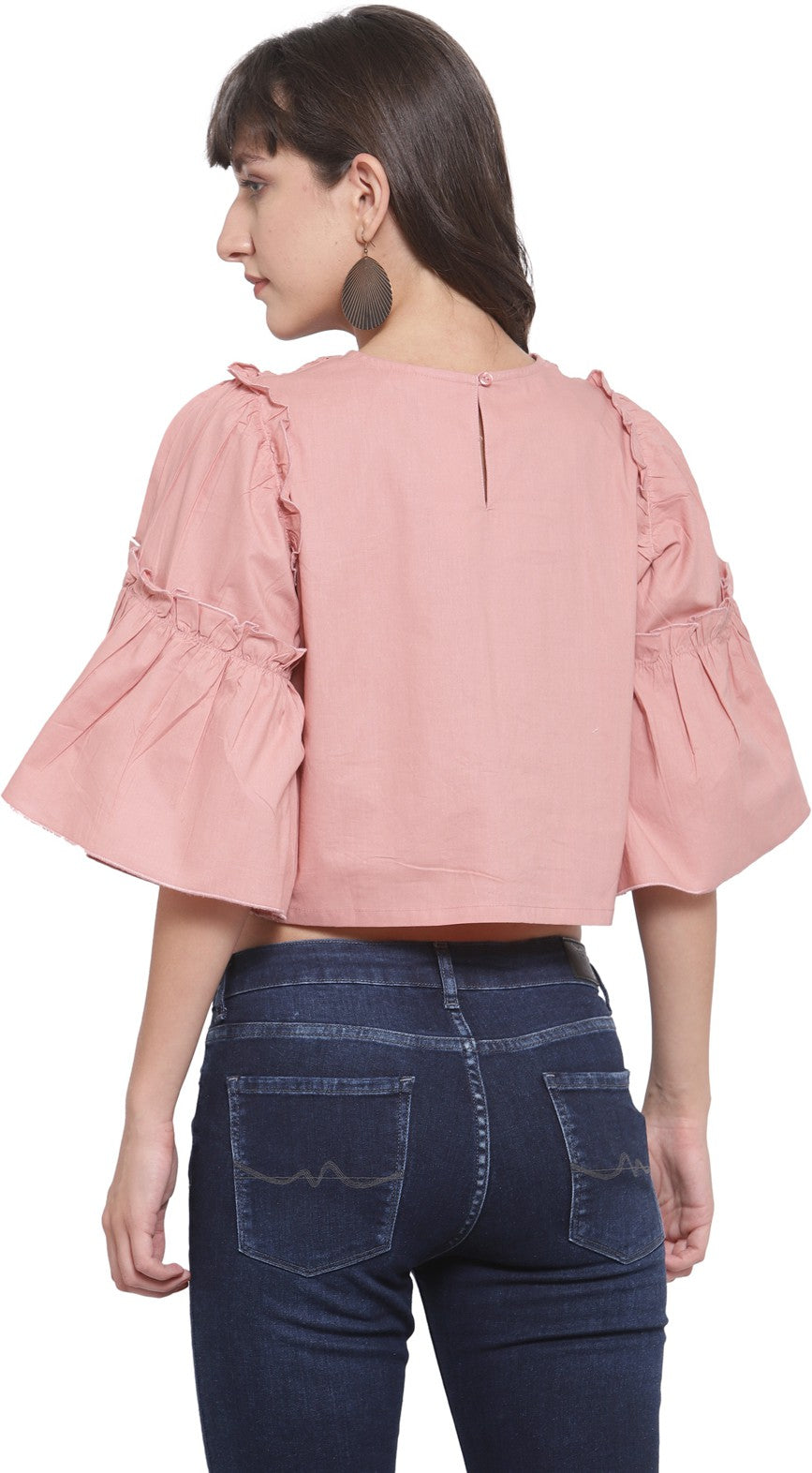 plusS Pink Schiffli Bell Sleeves Pure Cotton Ruffled Laced Regular Top