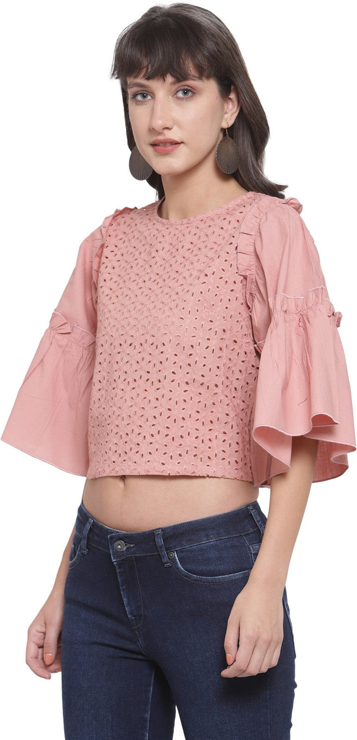 plusS Pink Schiffli Bell Sleeves Pure Cotton Ruffled Laced Regular Top