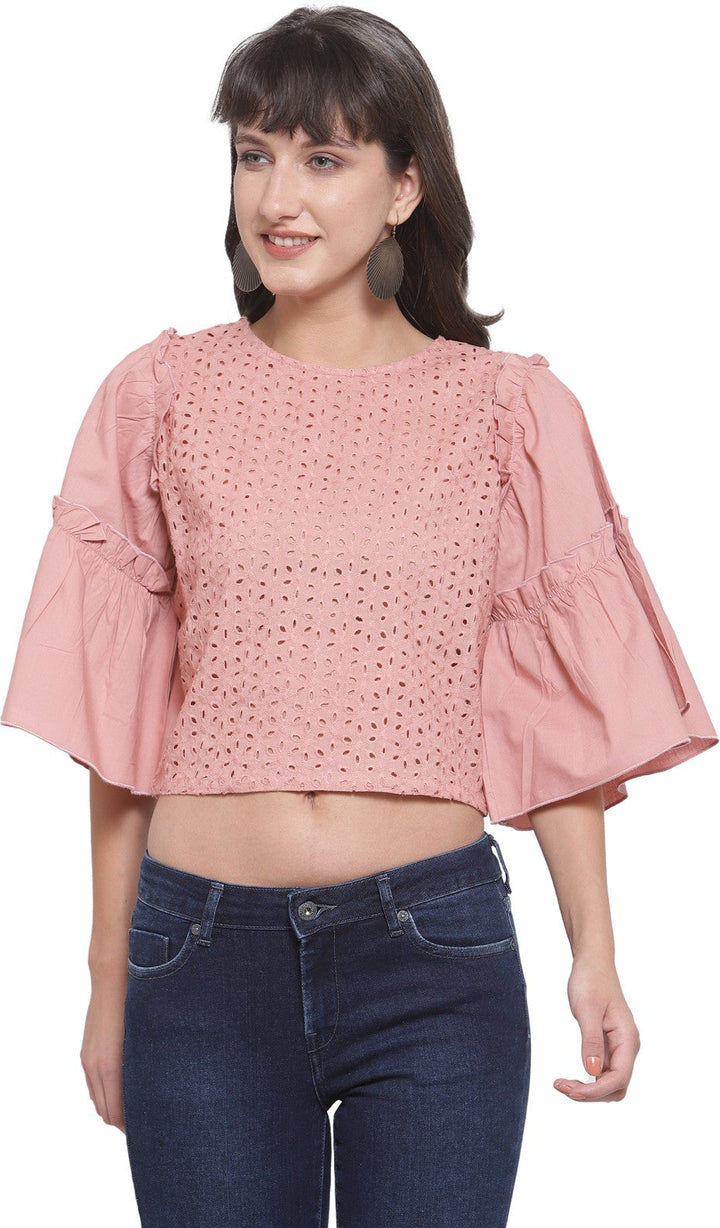 plusS Pink Schiffli Bell Sleeves Pure Cotton Ruffled Laced Regular Top