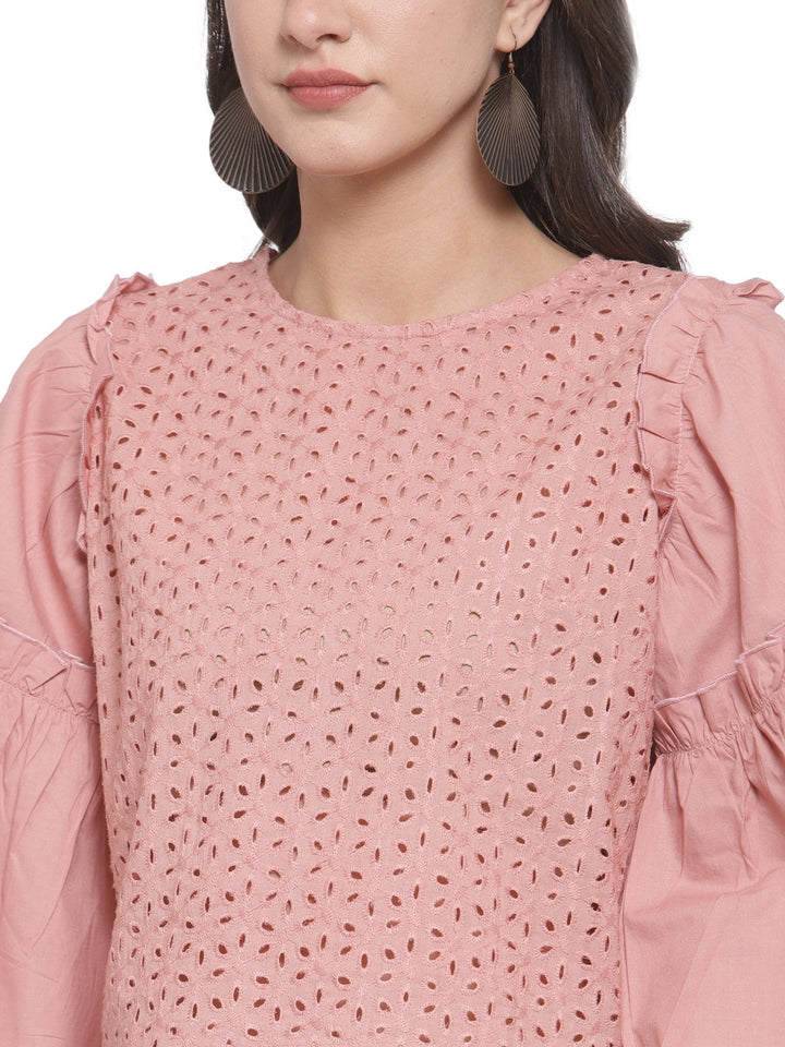 plusS Pink Schiffli Bell Sleeves Pure Cotton Ruffled Laced Regular Top