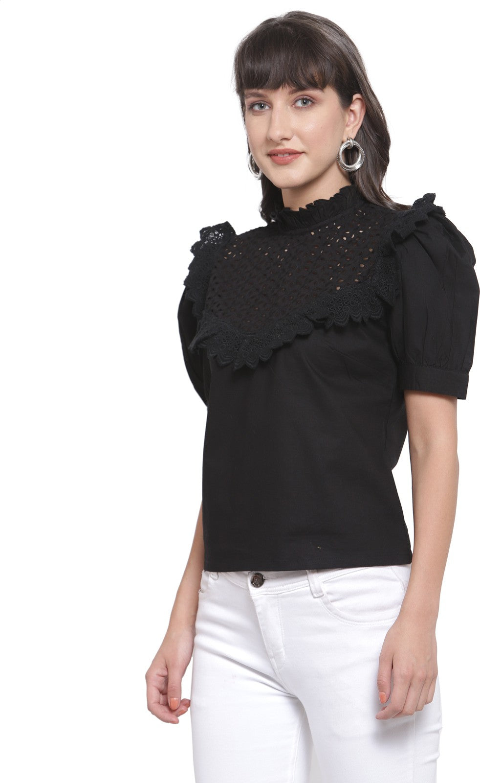 plusS Black Puff Sleeves Pure Cotton Schiffli Regular Top