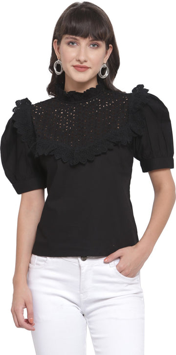 plusS Black Puff Sleeves Pure Cotton Schiffli Regular Top