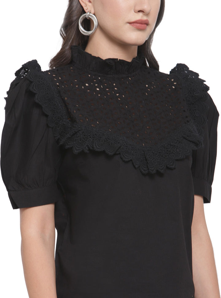 plusS Black Puff Sleeves Pure Cotton Schiffli Regular Top