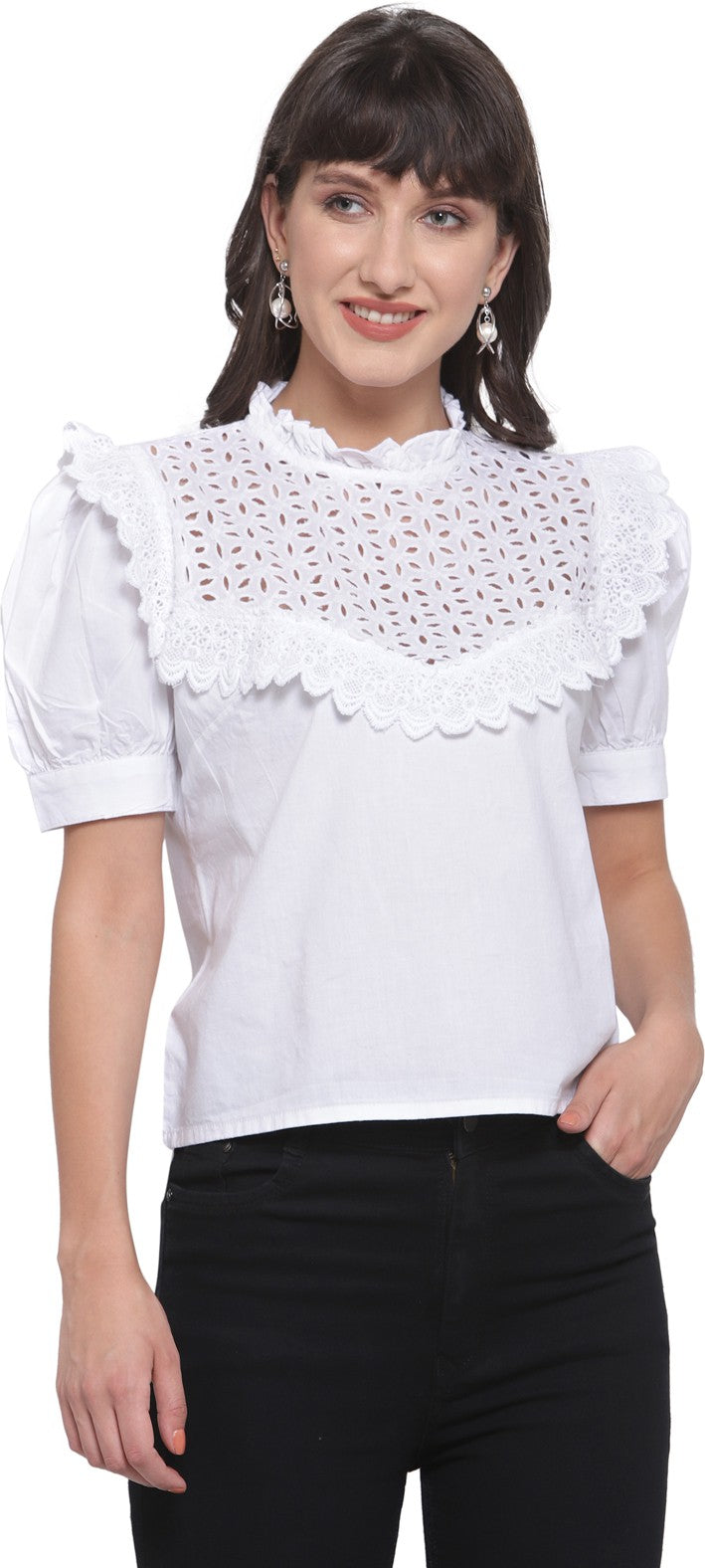 plusS White Schiffli Puff Sleeves Pure Cotton Laced Regular Top