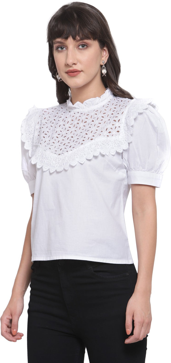 plusS White Schiffli Puff Sleeves Pure Cotton Laced Regular Top