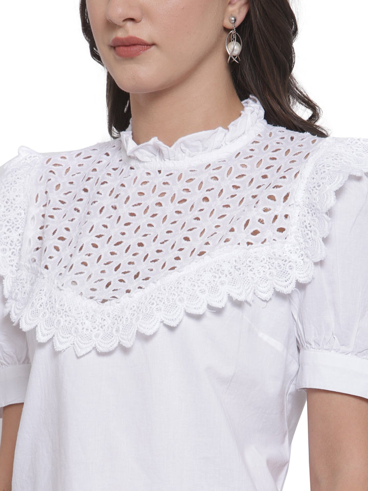 plusS White Schiffli Puff Sleeves Pure Cotton Laced Regular Top