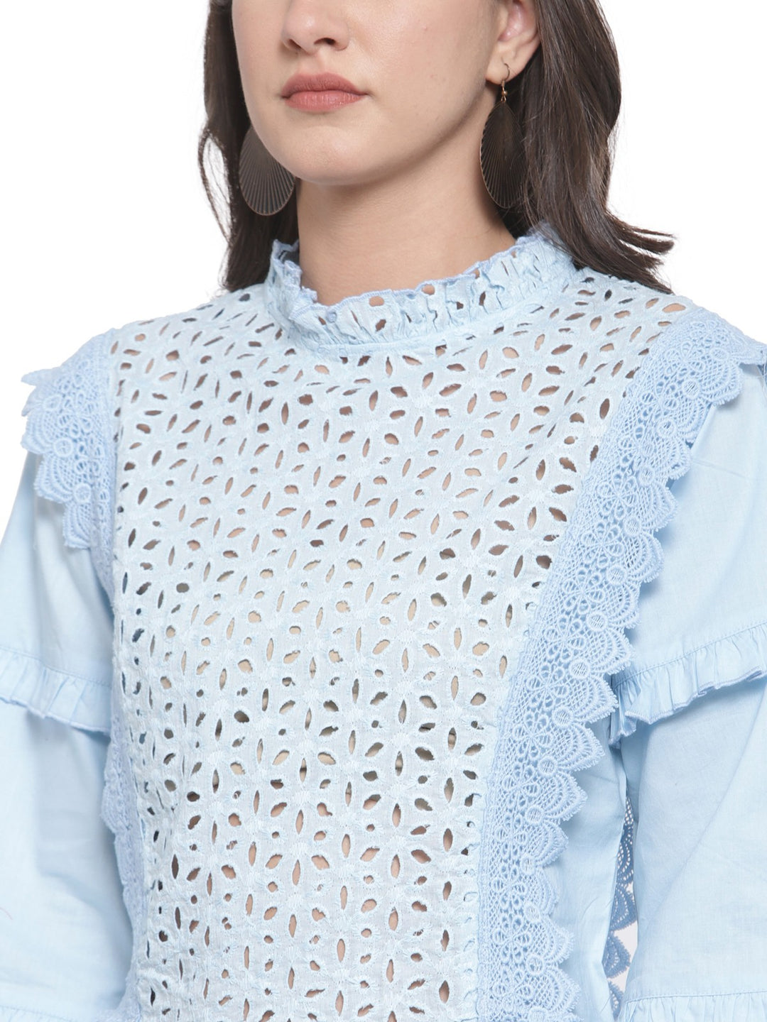 plusS Blue Puff Sleeves Pure Cotton Ruffled Schiffli Laced Regular Top