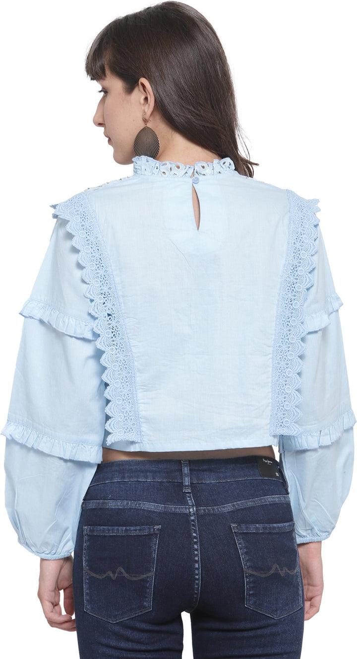 plusS Blue Puff Sleeves Pure Cotton Ruffled Schiffli Laced Regular Top