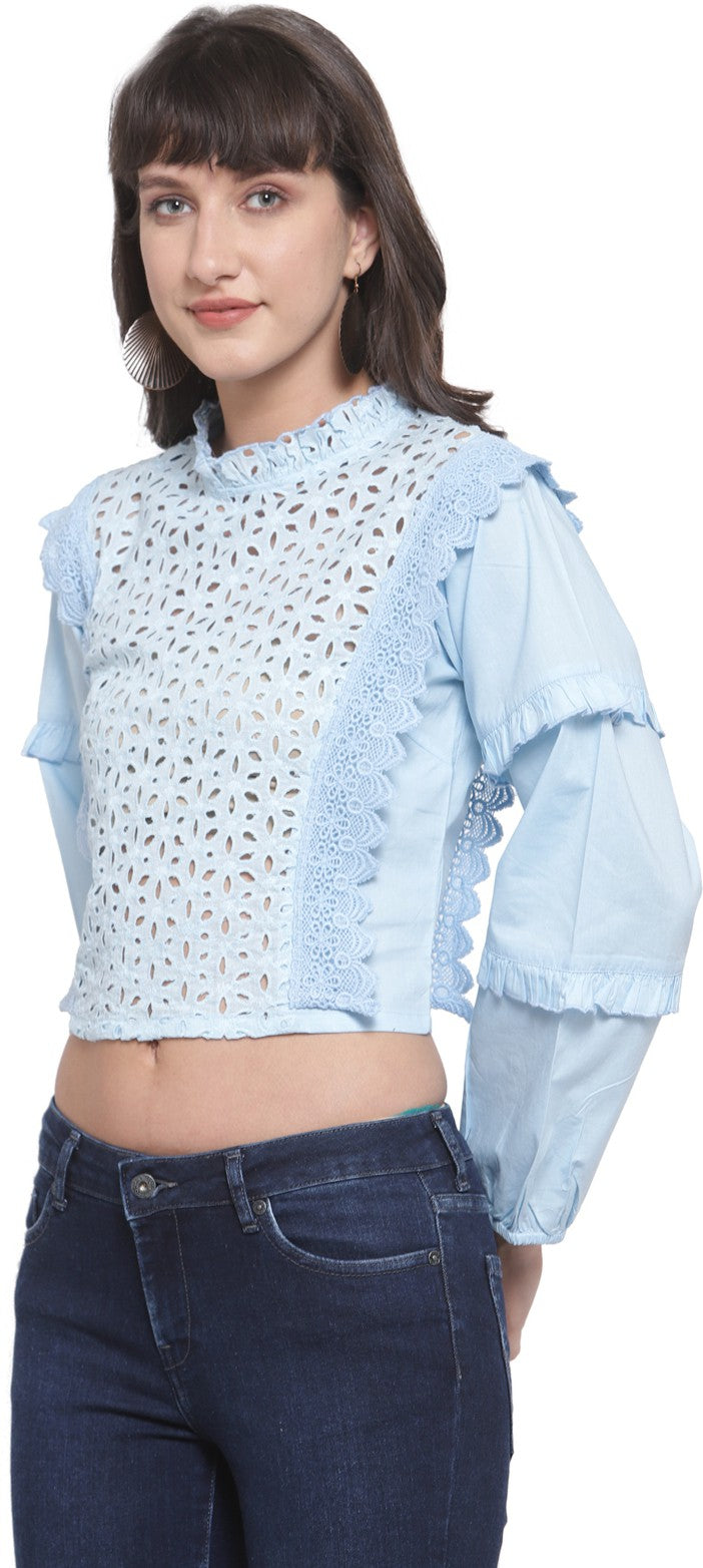 plusS Blue Puff Sleeves Pure Cotton Ruffled Schiffli Laced Regular Top