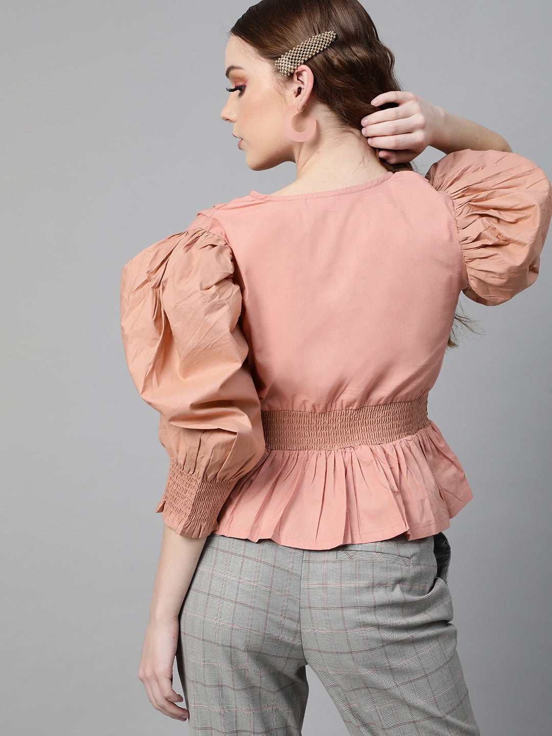 plusS Peach Solid Power Shoulders Wrap Top