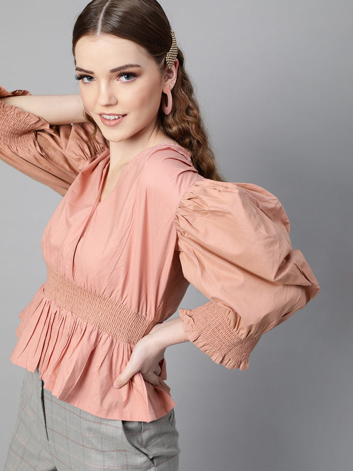 plusS Peach Solid Power Shoulders Wrap Top