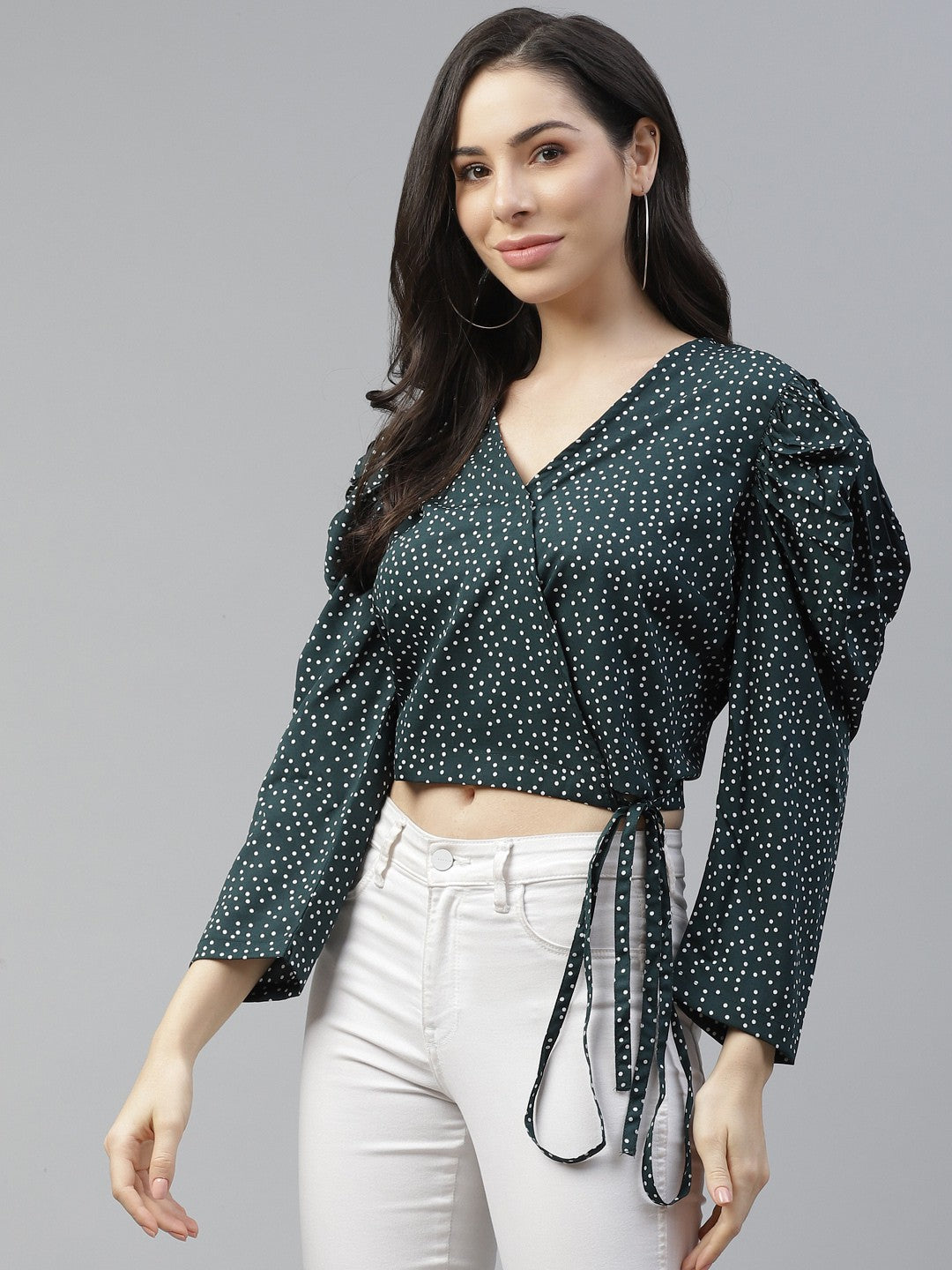 plusS Green  White Puff Sleeve Ruffles Smocked Regular Top