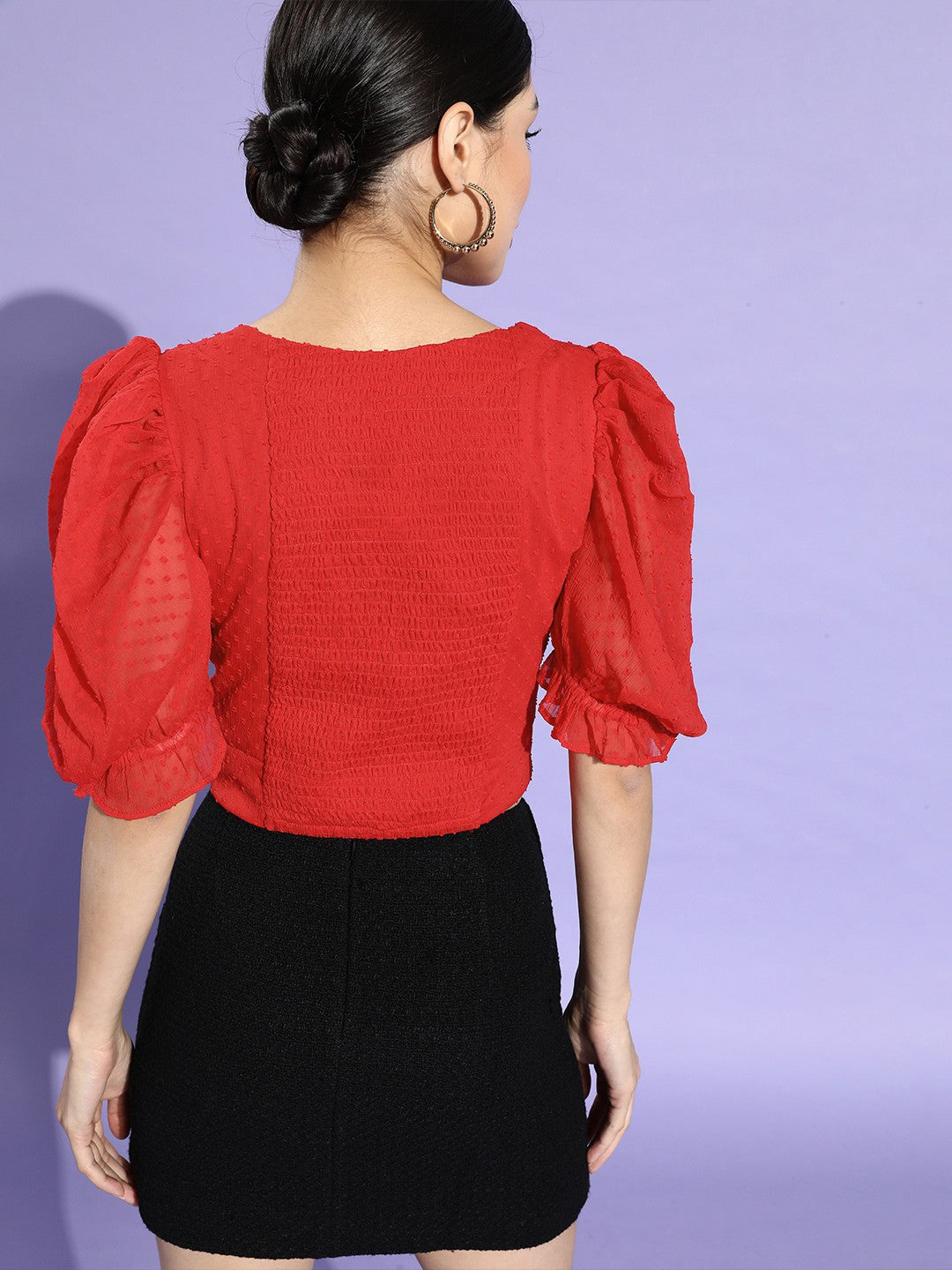 plusS Red Sweetheart Neck Smocked Fitted Crop Top