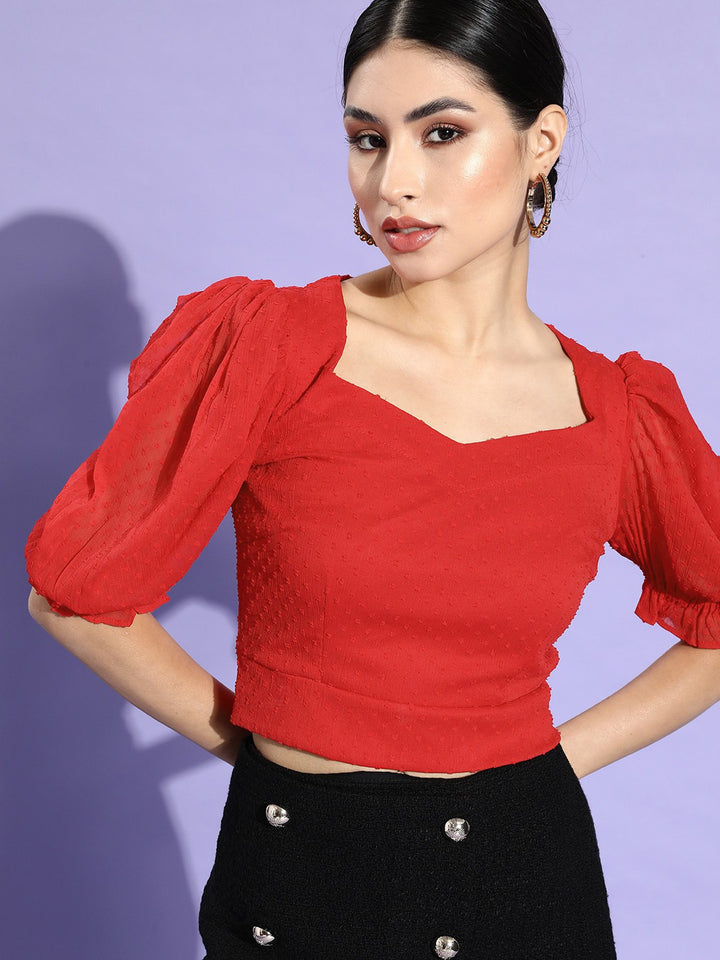 plusS Red Sweetheart Neck Smocked Fitted Crop Top