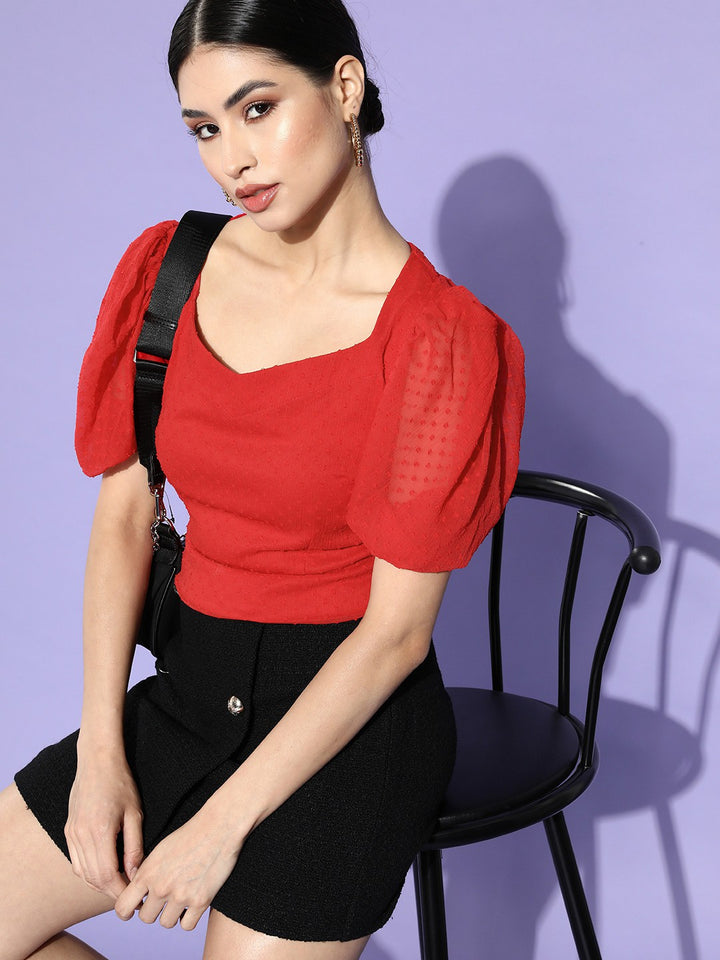 plusS Red Sweetheart Neck Smocked Fitted Crop Top