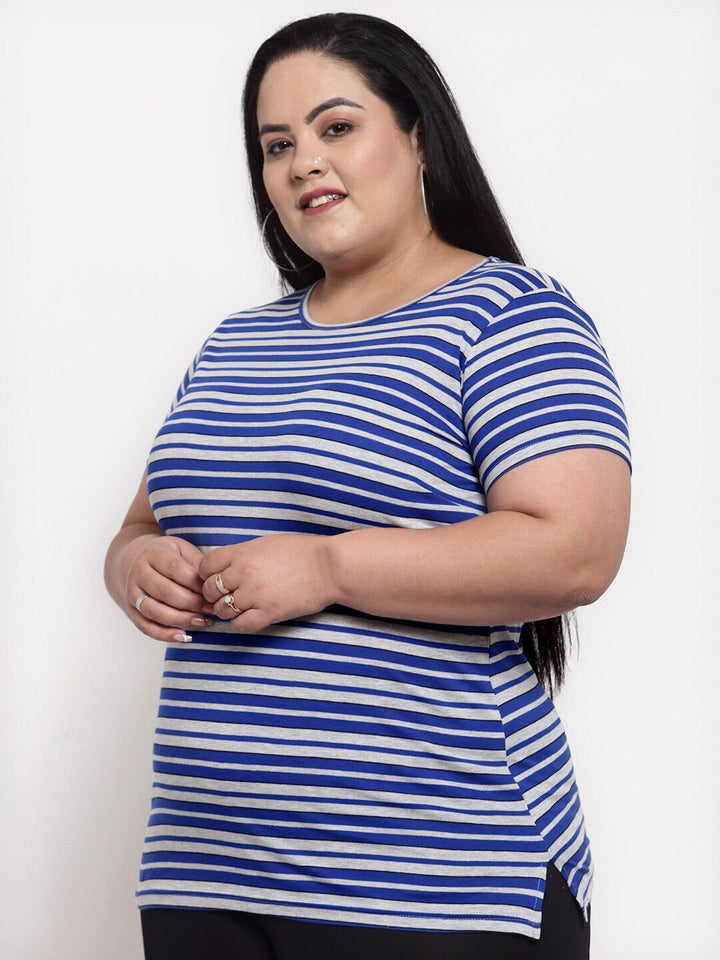 plusS Women Plus Size Blue Striped T-shirt