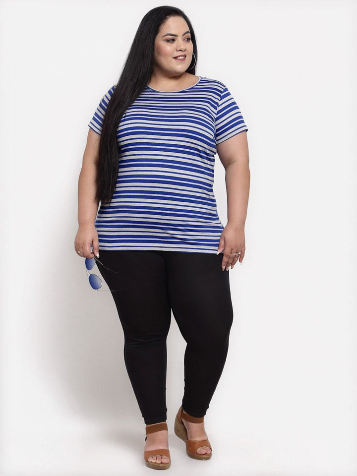 plusS Women Plus Size Blue Striped T-shirt