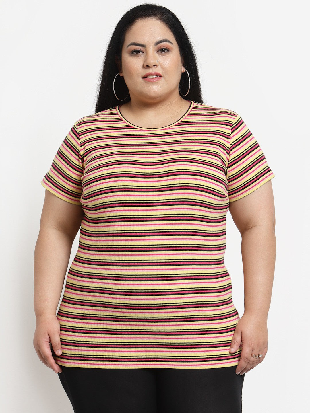 plusS Plus Size Women Multicoloured Striped T-shirt