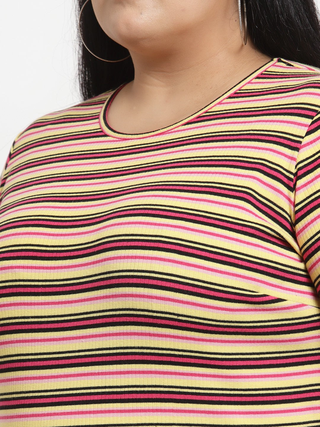 plusS Plus Size Women Multicoloured Striped T-shirt