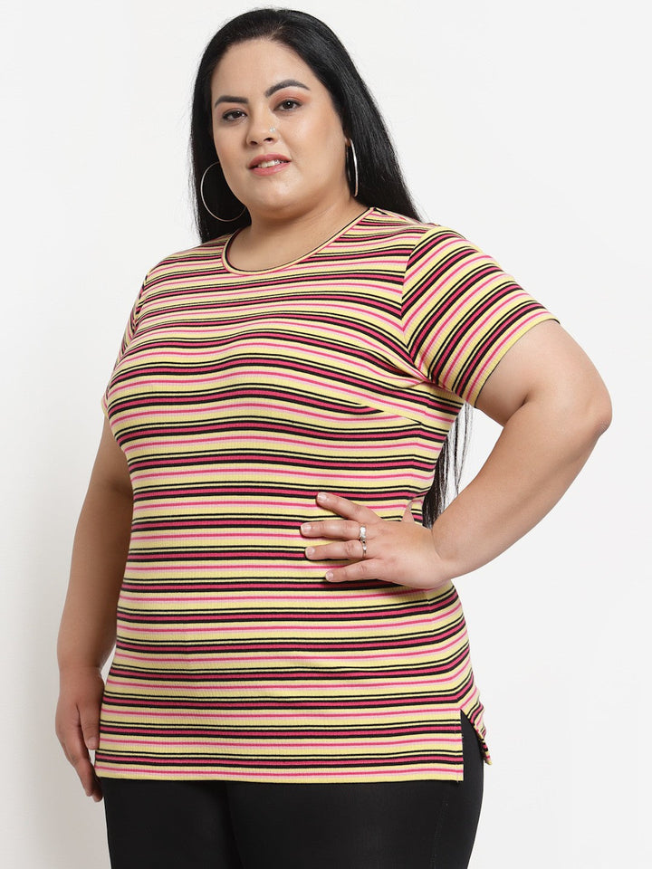 plusS Plus Size Women Multicoloured Striped T-shirt