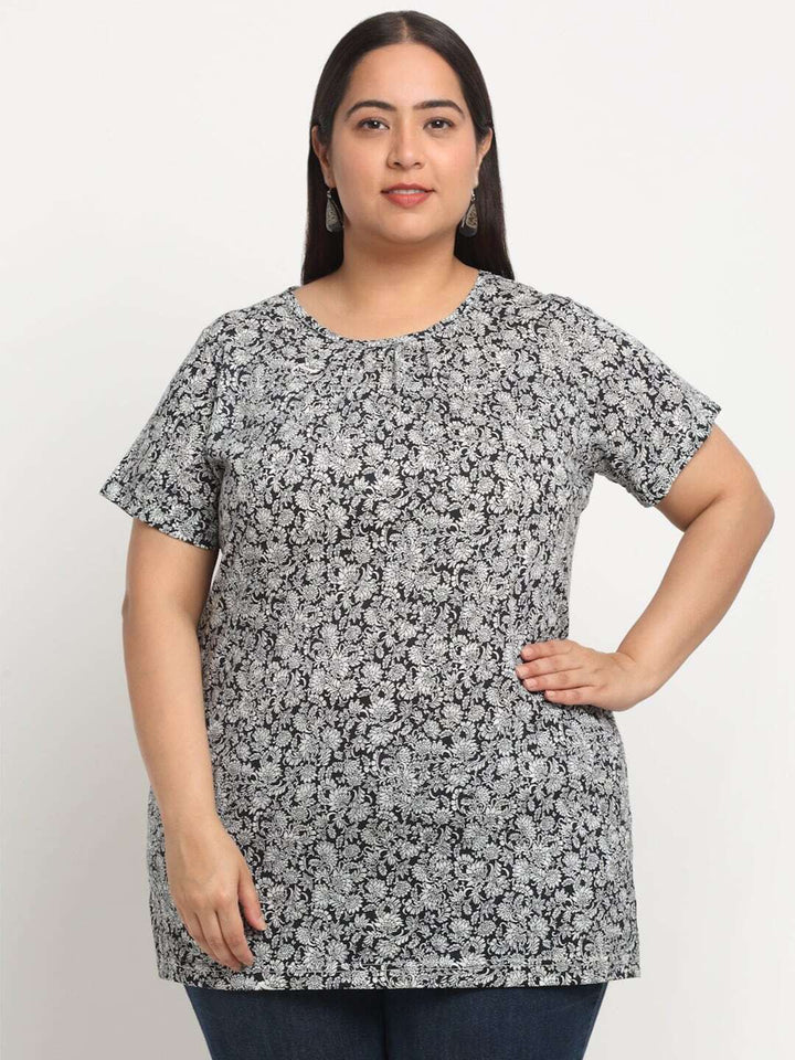 plusS Plus Size Floral Printed Longline Cotton T-shirt