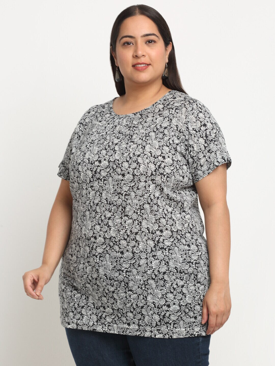 plusS Plus Size Floral Printed Longline Cotton T-shirt