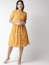 plusS Women Mustard Yellow  White Floral Print Shirt Dress