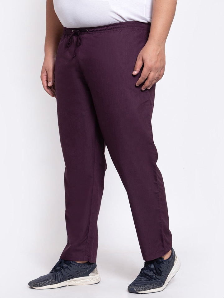 plusS Men Purple Solid Straight-Fit Cotton Track Pants