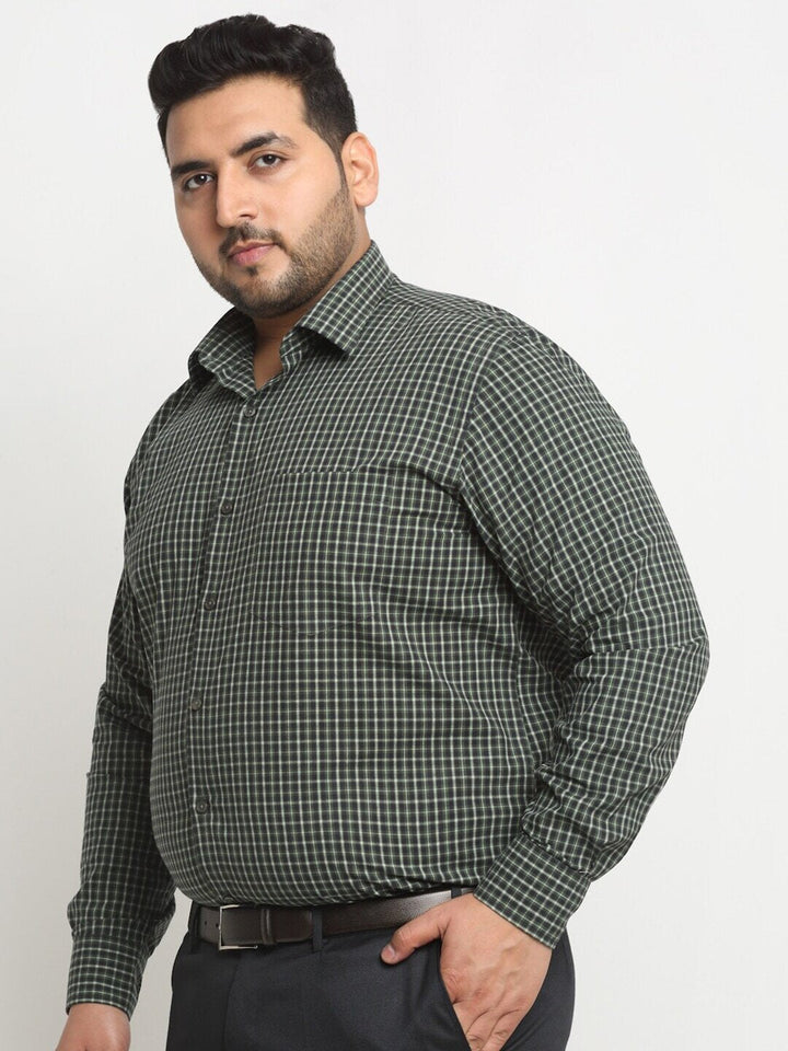 plusS Green Micro Checked Spread Collar Cotton Formal Shirt