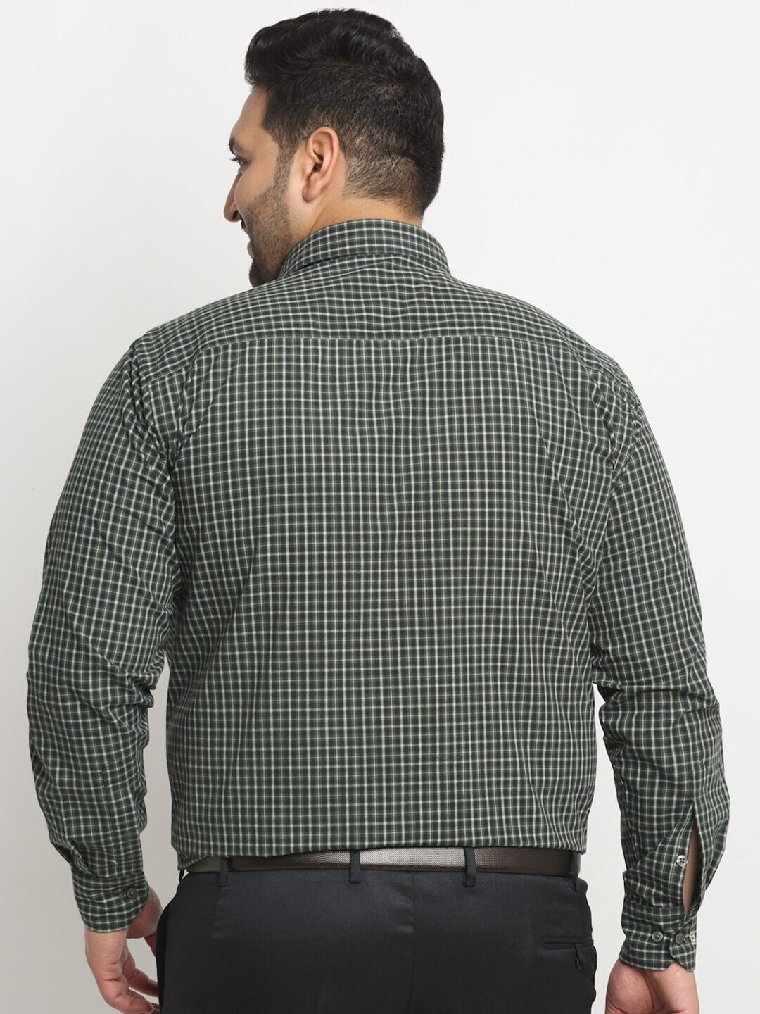 plusS Green Micro Checked Spread Collar Cotton Formal Shirt