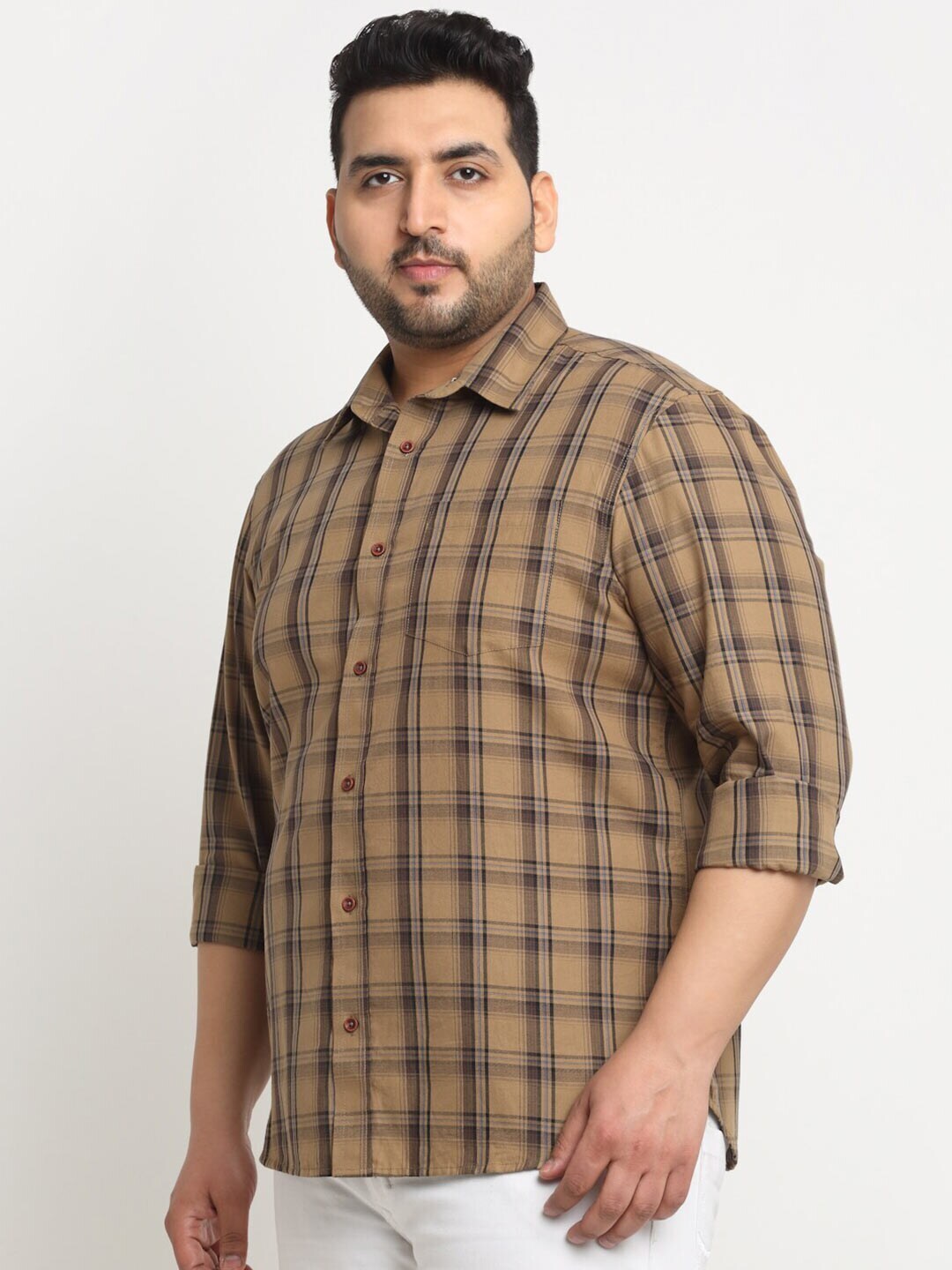 plusS Plus Size Tartan Checks Cotton Casual Shirt