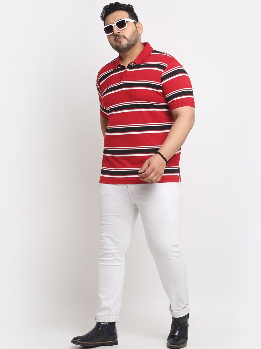 plusS Red And Black Striped Polo Collar Cotton T-Shirt