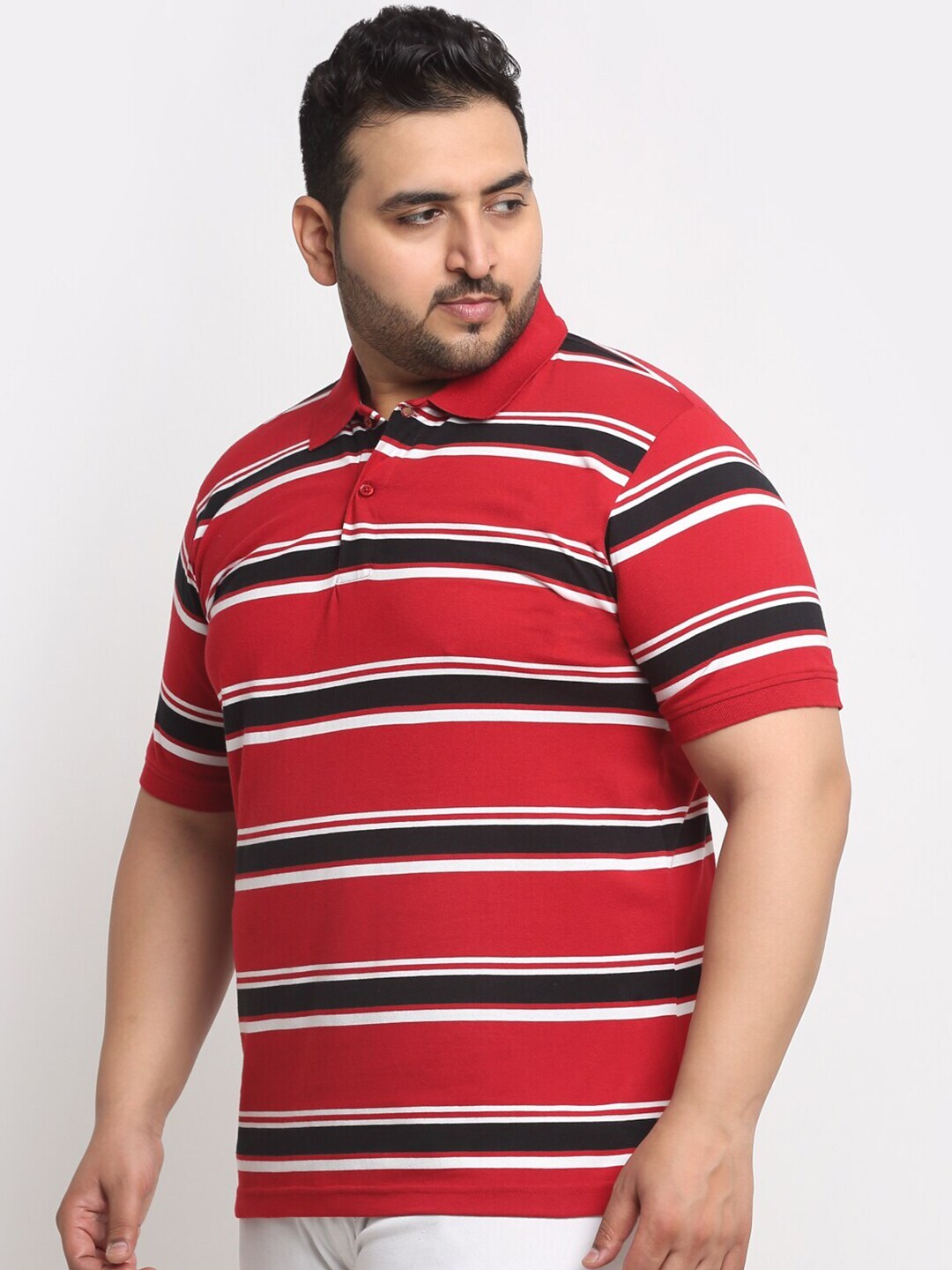 plusS Red And Black Striped Polo Collar Cotton T-Shirt