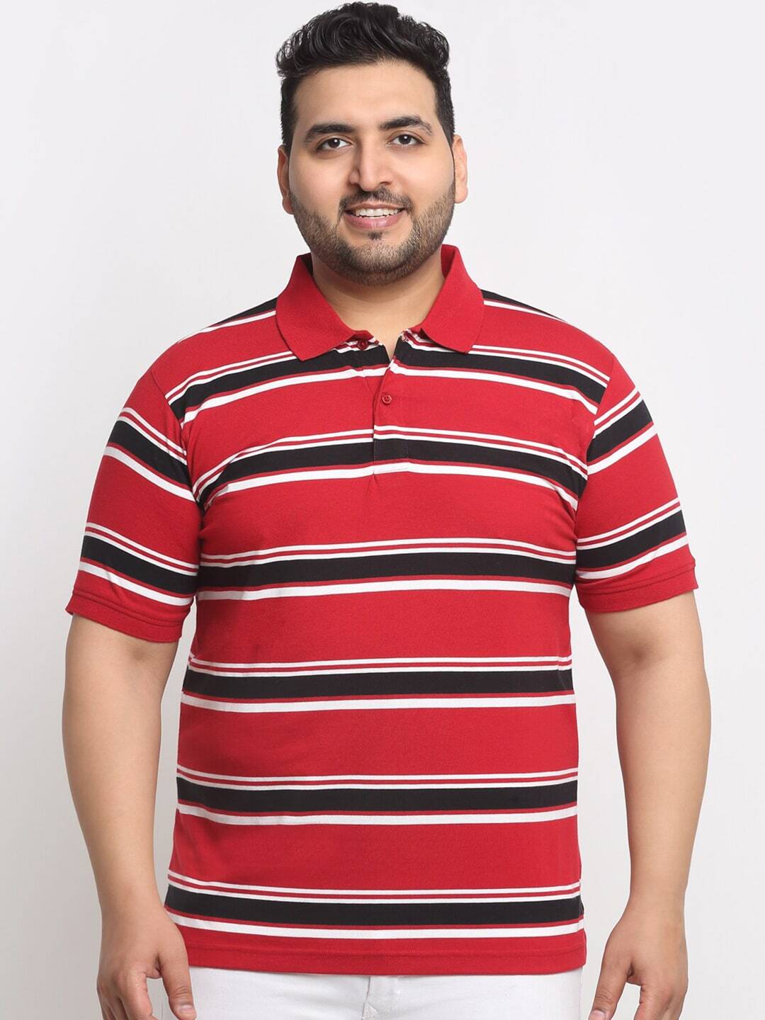 plusS Red And Black Striped Polo Collar Cotton T-Shirt