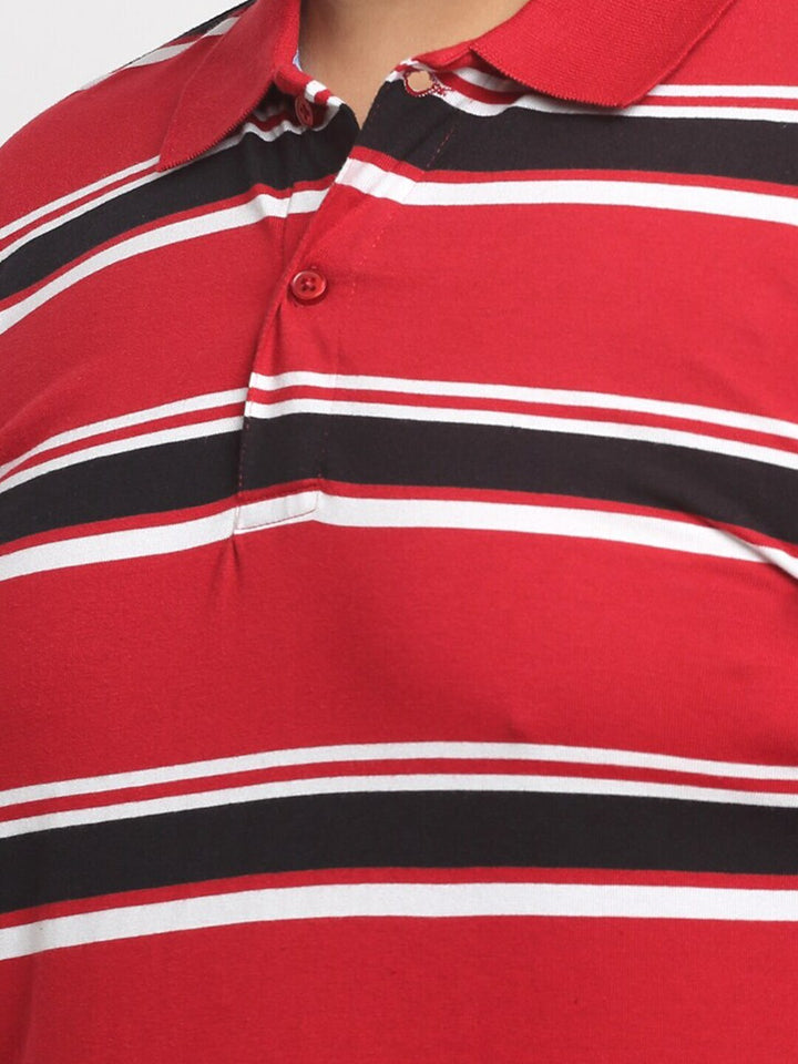 plusS Red And Black Striped Polo Collar Cotton T-Shirt