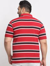 plusS Red And Black Striped Polo Collar Cotton T-Shirt