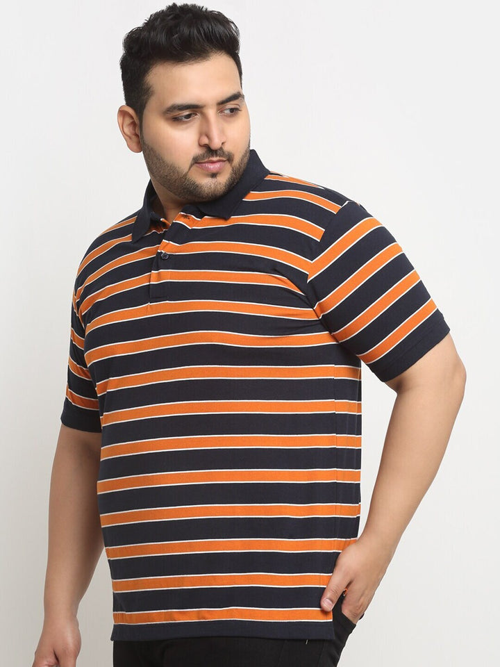 plusS Orange And Black Striped Polo Collar Cotton T-Shirt