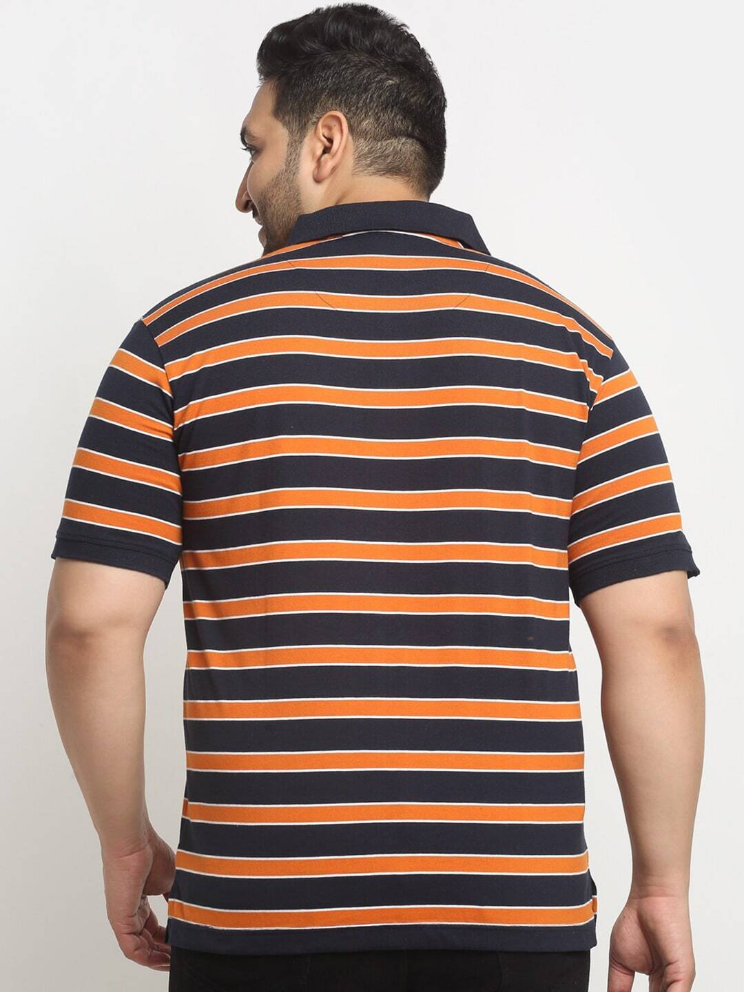 plusS Orange And Black Striped Polo Collar Cotton T-Shirt