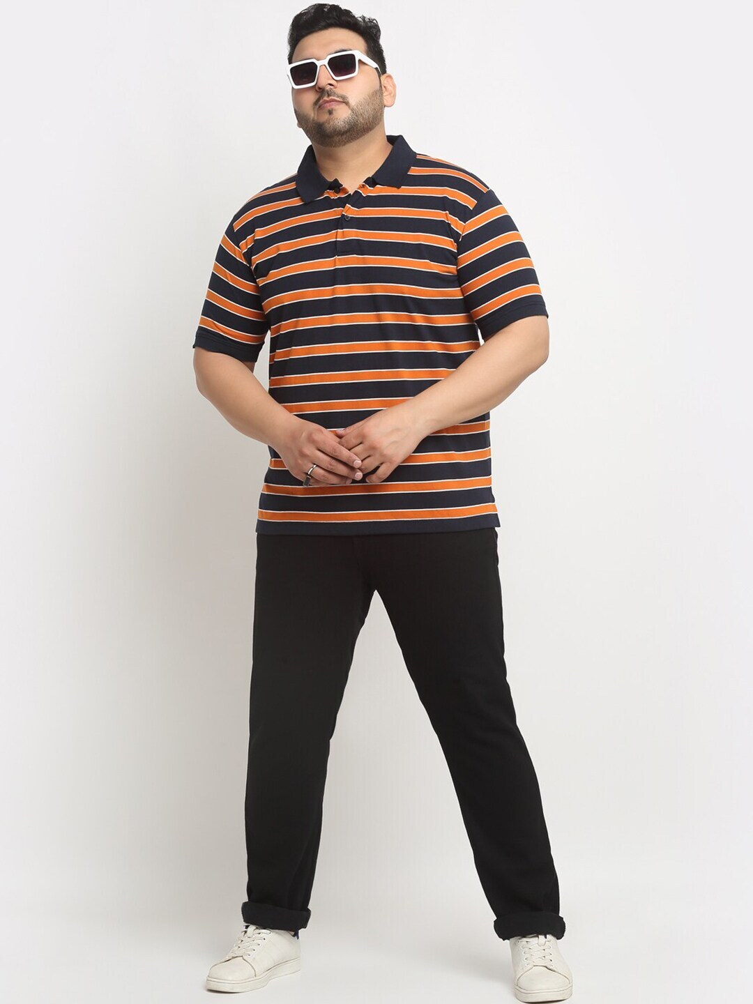 plusS Orange And Black Striped Polo Collar Cotton T-Shirt