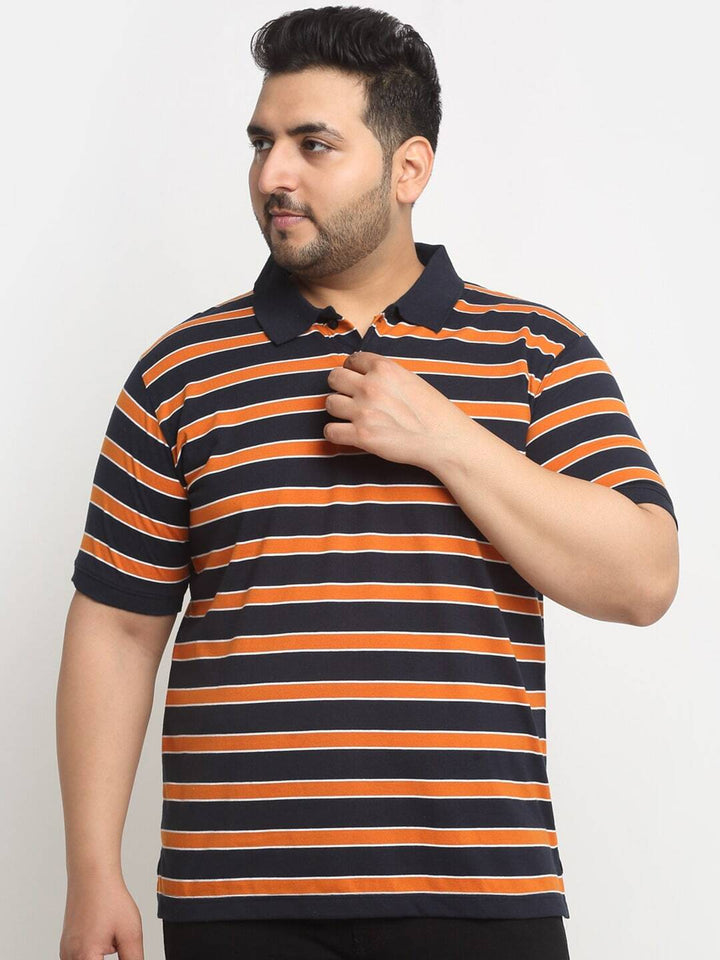 plusS Orange And Black Striped Polo Collar Cotton T-Shirt