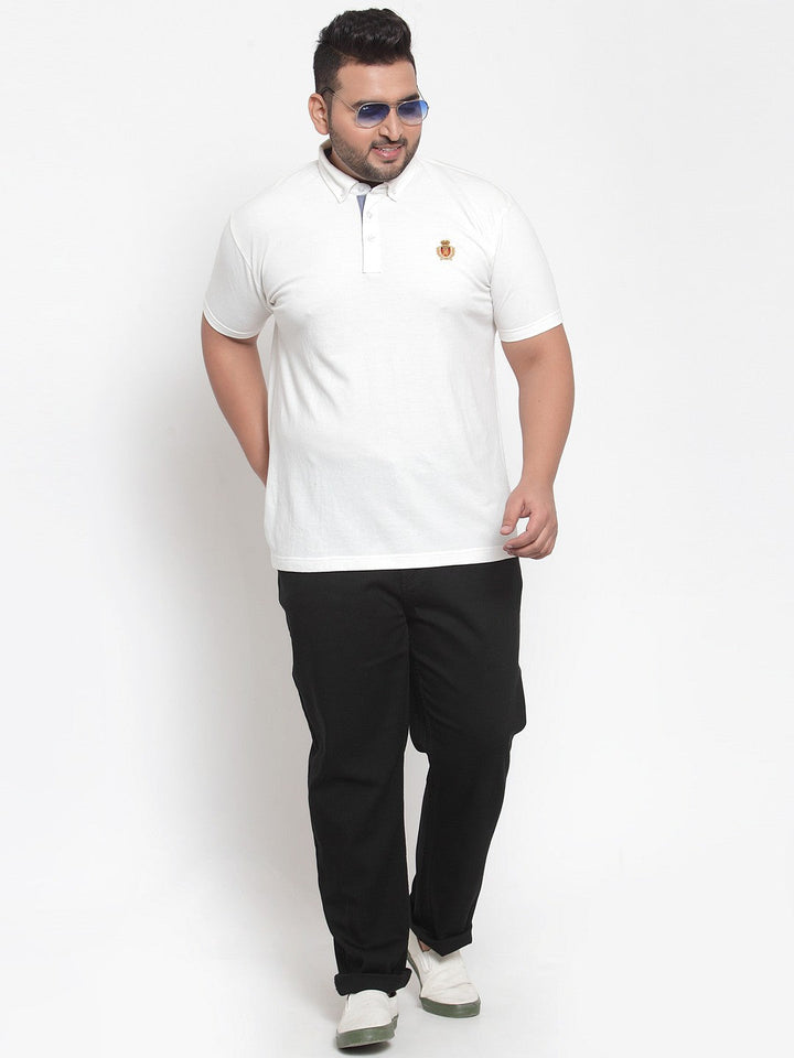 plusS Men White Solid Polo Collar Pure Cotton T-shirt