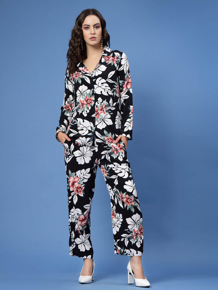 Floral Printed Lapel Collar Shirt & Trousers