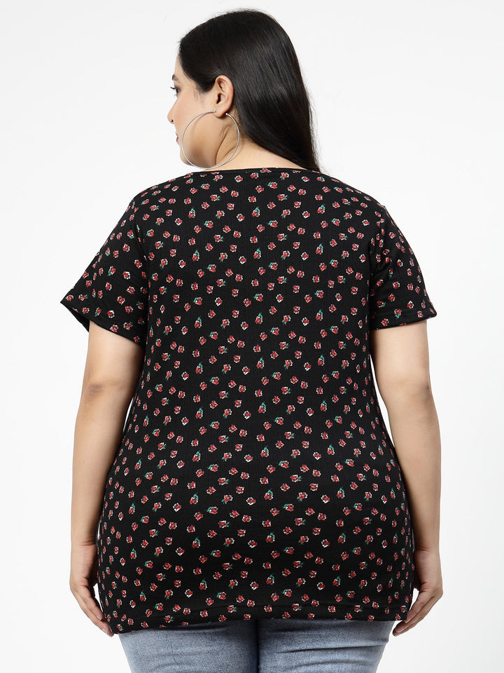 Plus Size Black Abstract Printed Cotton T-shirt