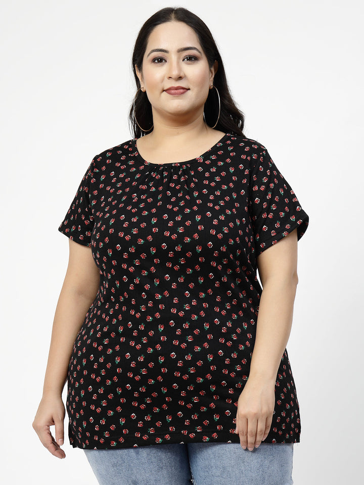 Plus Size Black Abstract Printed Cotton T-shirt