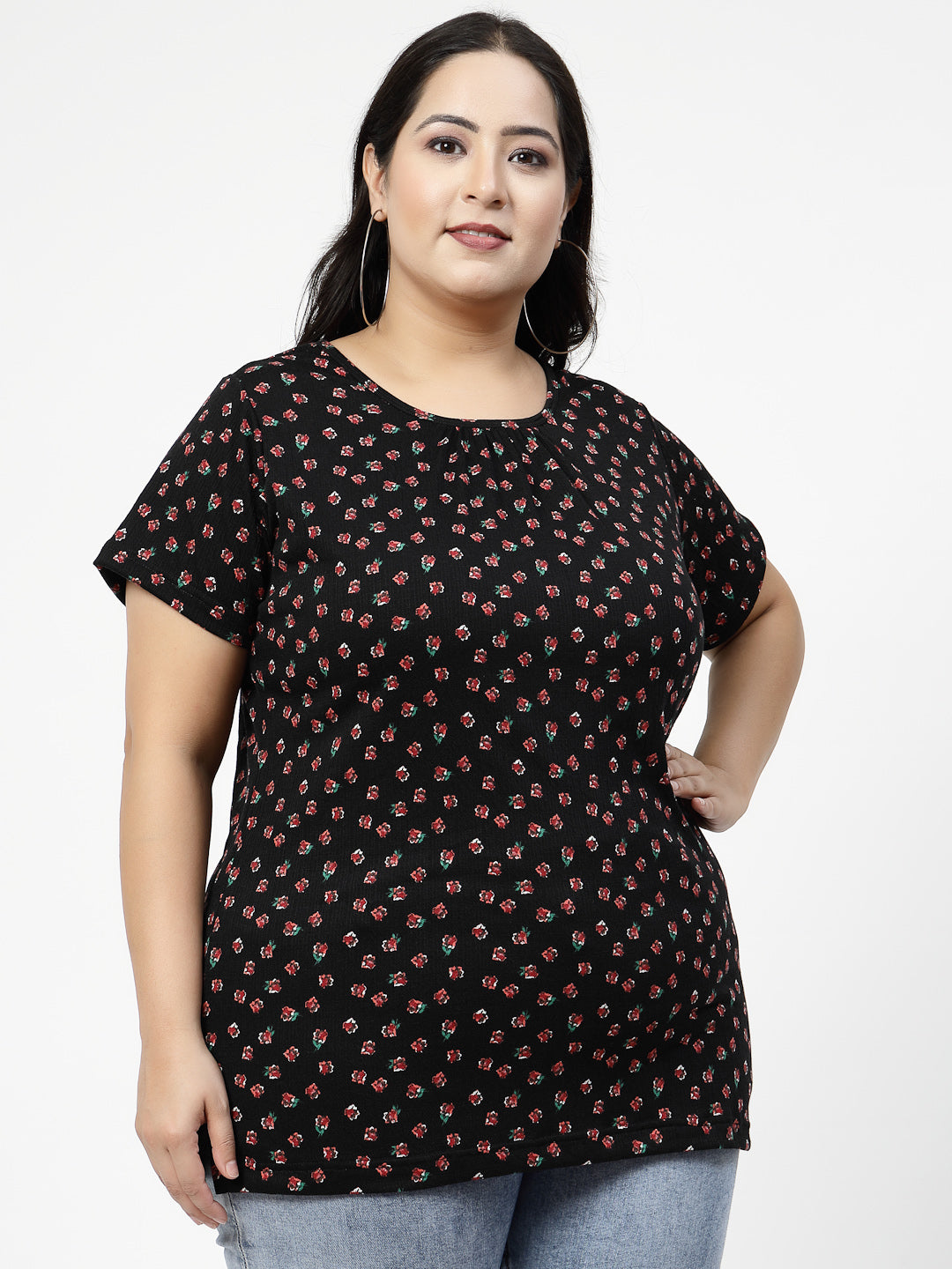 Plus Size Black Abstract Printed Cotton T-shirt